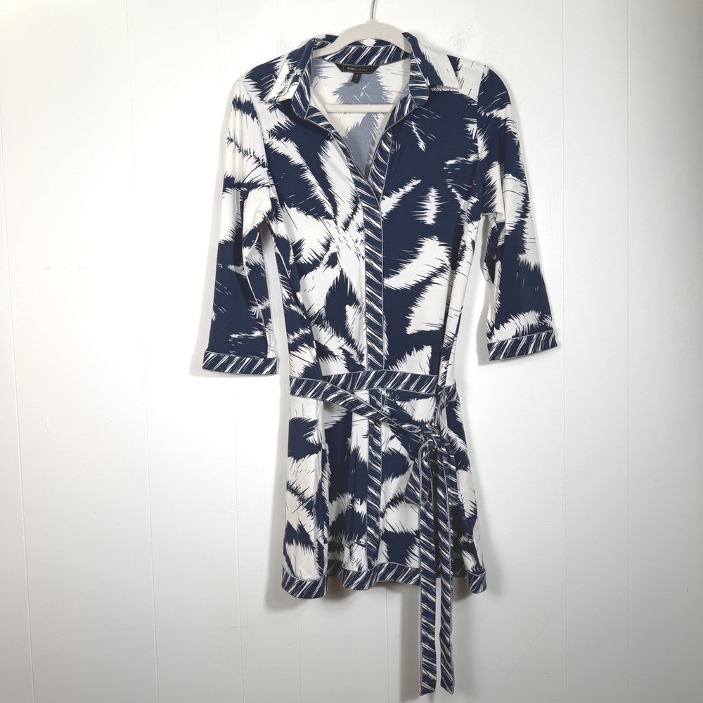 BCBGMAXAZRIA Palm Print Tunic Shirt Dress Navy White Size Medium Coastal Resort
